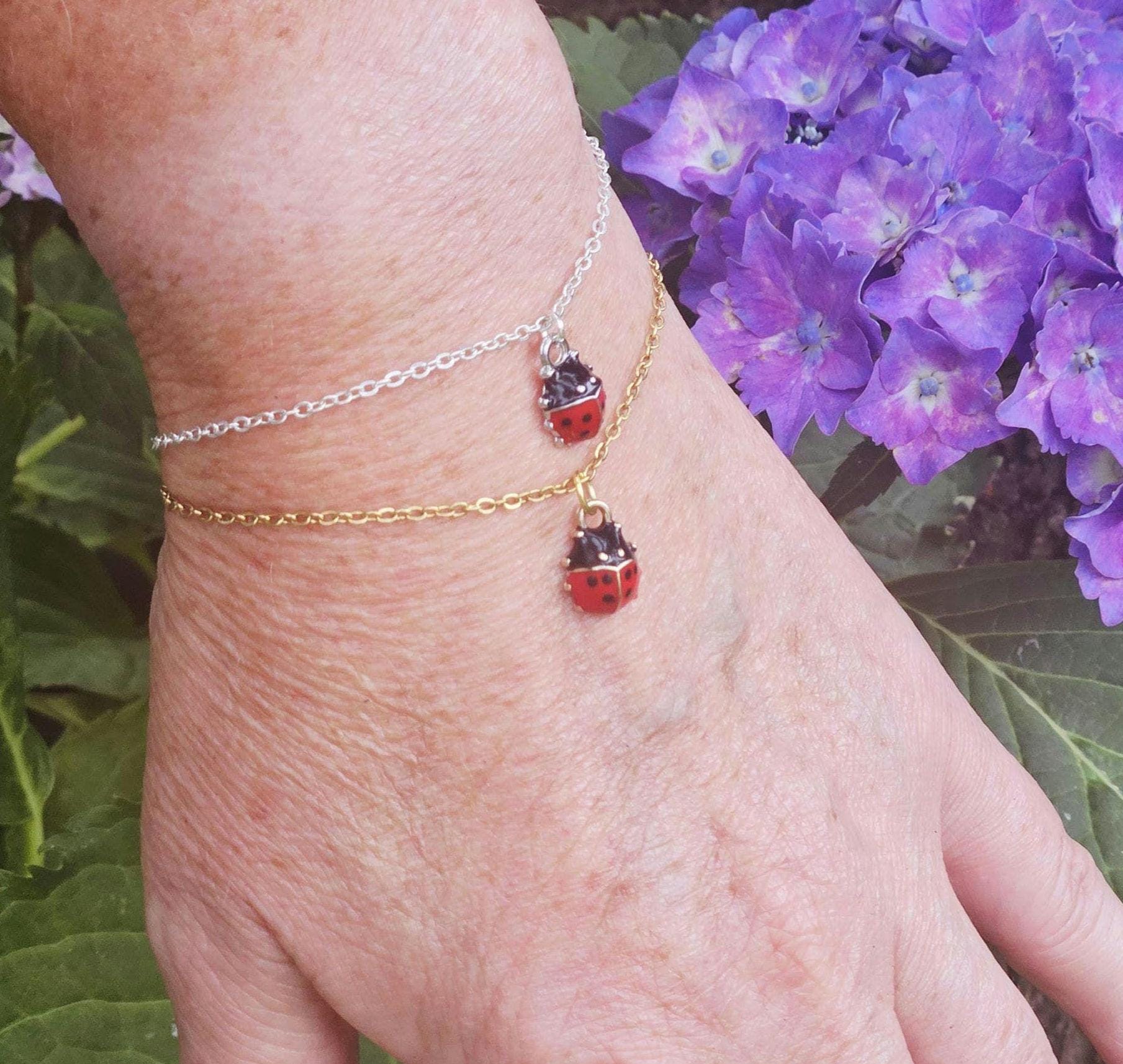 Trendy Red Enamel Ladybug Chain Bracelet – Rhodium Plated, 7.5 Inch, Lobster Clasp