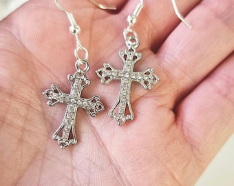 Silver Cross Earrings, Diamante Gothic Crucifix, Dainty Religious Jewellery