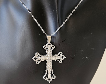 Large silver diamante cross necklace. Ornate Gothic cross on silver chain. Stunning sparkly crucifix.  Goth, sister, mum or religious gift