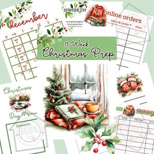 May include: A collection of Christmas-themed printables, including a December calendar, a 12-week Christmas prep guide, and a Christmas day menu. The image features a cozy winter scene with a small Christmas tree, a book, and a cup of tea.