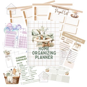 May include: A printable home organising planner featuring a watercolour illustration of a living room with a sofa, coffee table, and plants. The planner includes sections for a chore chart, cleaning checklist, weekly home plan, and monthly home plan. The planner is designed to help you organise your home and life.