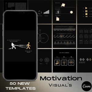 Pode incluir: Uma coleção de 50 novos modelos visuais de motivação em preto e dourado. Os modelos apresentam vários ícones, gráficos e elementos de texto. O texto "Motivation Visual's" é exibido em letras grandes e em negrito na parte inferior da imagem.