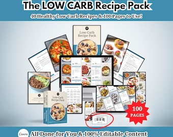 Paquete de recetas bajas en carbohidratos / Más de 40 plantillas de recetas editables en Canva, más de 100 páginas, preparación de comidas, códigos de barras MyFitnessPal, planificación de comidas, coaches de nutrición