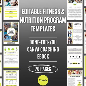 Plantillas editables de coaching de fitness y nutrición / Ebook de Canva de 70 páginas / Programa de entrenamiento y nutrición para entrenadores personales / Guía de entrenamiento