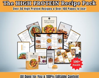 Ideas para paquetes de recetas con alto contenido proteico / Más de 50 plantillas de recetas editables en Canva, más de 100 páginas, preparación de comidas, planificación de comidas, entrenadores de nutrición saludable
