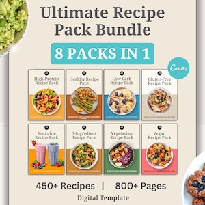 Complete Recipe Pack Bundle | 8 Canva Templates | 450+ Healthy Recipes | Editable Meal Plans & Nutrition Coach Resources | Fully Editable