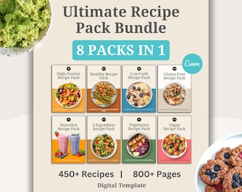 Paquete completo de recetas / 8 plantillas de Canva / Más de 450 recetas saludables / Planes de comidas editables y recursos para entrenadores nutricionales / Totalmente editable