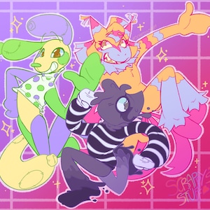 Puede incluir: Ilustración de tres personajes de dibujos animados coloridos con diseños únicos. Uno es una figura parecida a un perro en verde, amarillo y morado. Otro es una criatura con patrones naranjas, rosas y azules. El tercer personaje es oscuro con rayas blancas y negras.