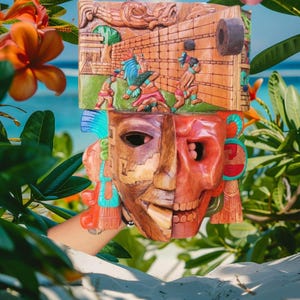 May include: A wooden mask with a carved skull face and a scene of a Mayan ball game on the top. The mask is painted in bright colors, including red, blue, green, and yellow.