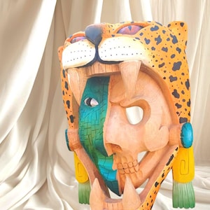 Hand-Carved Cedar Mayan Jaguar Warrior Mask – Symbol of Life & Death Duality | Tribal Art