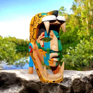 Hand-Carved & Painted Cedar Mayan Jaguar Warrior Mask – Stunning Artisan Detail | Tribal Wall Art