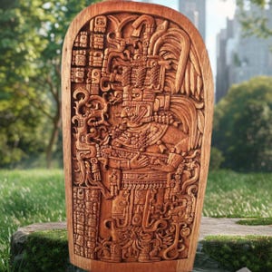 Könnte beinhalten: Detaillierte Holzschnitzerei einer Maya-Figur. Die Skulptur hat eine warme braune Farbe und zeigt aufwendige Schnitzereien einer Person in zeremonieller Kleidung, umgeben von Glyphen und Symbolen. Das Kunstwerk wird im Freien ausgestellt.