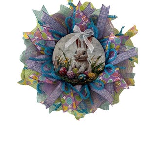 Easter Bunny Wreath for Front Door, Handmade Spring Wreath with Eggs and Ribbon, Colorful Easter Decor, Bunny Door Decora
