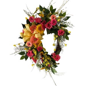 Heller Frühlings-Weinreben-Kranz, rosa gelb orange Blumenkranz, Sommer-Haustür-Dekor, handgemachter Osterkranz