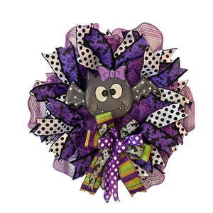 Purple Bat Halloween Wreath, Spooky Door Decor, Handmade Halloween Ribbon Wreath, Purple and Black Wreath, Halloween Home Decor