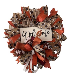 Football Welcome Wreath for Front Door, Handmade Burlap Ribbon Wreath, Sports Decor, Fall Football Door Hanger