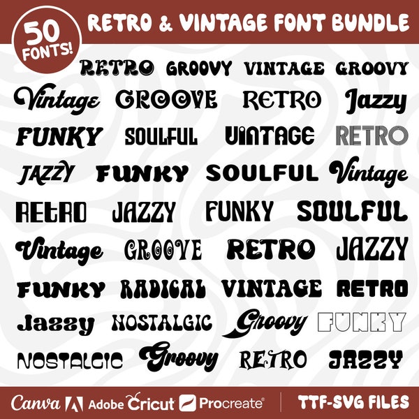 50 RETRO & VINTAGE FONTS, Premium Quality Fonts, Retro Font, Groovy Font, Vintage Font Bundle, Font Bundle, Cricut Font,70's Vibes, Font Svg