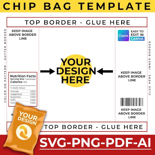 Chip Bag Template, Chip Bag Editable, Chip Bag Label, Chip Bag Template Canva Editable, Party Chip Bag, Blank Chip Bag, Template For Cricut