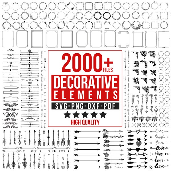 2000+ decoratieve elementen Svg, ornamenten SVG, ontwerpelementen Svg, bloeit Svg, pijl Svg, grens Svg, bruiloft Svg, Frame SVG, bundel SVG