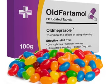 OldFartamol with Jelly Beans Comes with Prescription Bag - Funny 30th 40th 50th 60th Birthday Gift - Christmas/Secret Santa -Realistic Prank