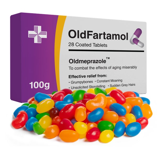 OldFartamol with Jelly Beans Comes with Prescription Bag - Funny 30th 40th 50th 60th Birthday Gift - Christmas/Secret Santa -Realistic Prank