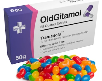 OldGitamol - Divertido regalo para cumpleaños número 30, 40, 50 y 60. Viene con dulces y una bolsa de medicamentos auténtica. Regalo de broma para el Día del Padre
