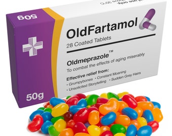 OldFartamol - Funny 30th 40th 50th 60th Birthday Gift - Comes with Sweets and Authentic Prescription Bag - Fathers Day Gift Prank