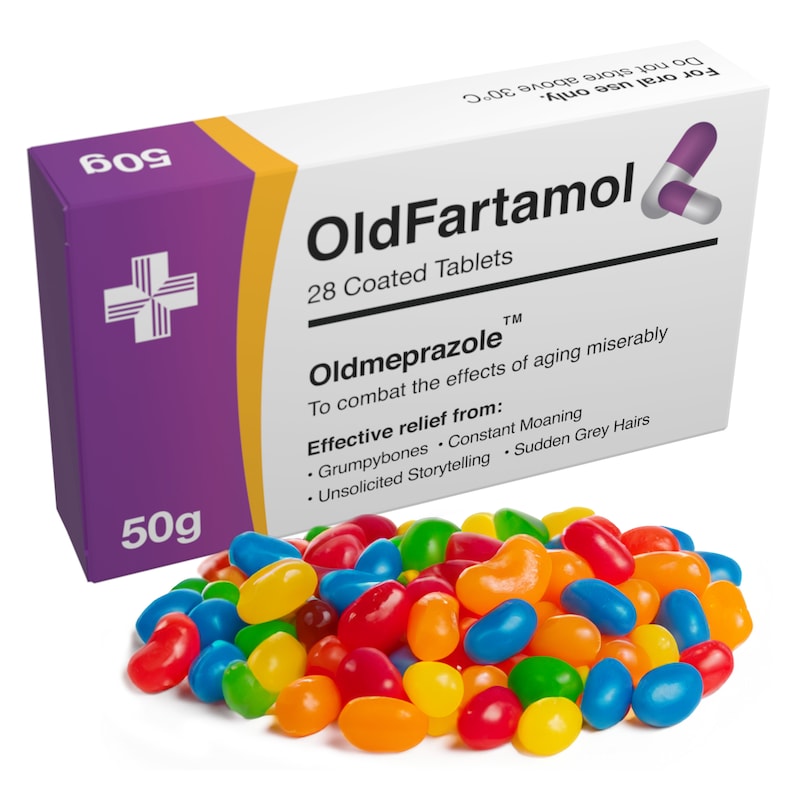 May include: A purple and yellow box with the text "OldFartamol" and "28 Coated Tablets" on the front. The box also has the text "Oldmeprazole" and "To combat the effects of aging miserably". Below the text is a list of "Effective relief from:" with bullet points: "Grumpybones", "Constant Moaning", "Unsolicited Storytelling", and "Sudden Grey Hairs". The box is sitting on a pile of colorful jelly beans.