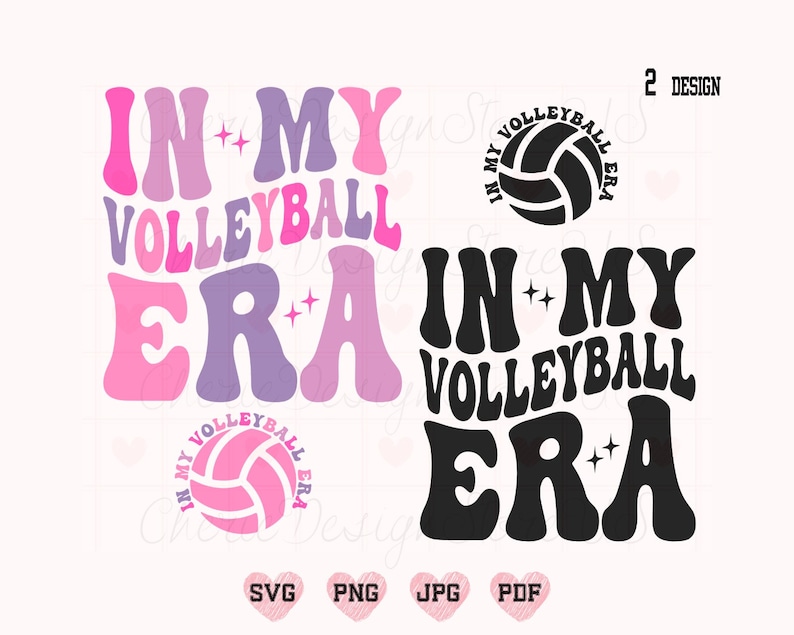 Puede incluir: Dos dise&ntilde;os de un gr&aacute;fico de voleibol con el texto "In My Volleyball Era" en una fuente retro. El primer dise&ntilde;o es en rosa, morado y negro. El segundo dise&ntilde;o es en negro. Ambos dise&ntilde;os incluyen un gr&aacute;fico de voleibol.