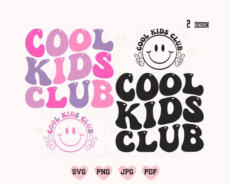 May include: Two designs for a "Cool Kids Club" logo. The first design features the text in pink, purple, and white with a smiling face in a circle. The second design features the text in black with a smiling face in a circle.