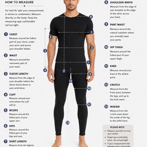 Może przedstawiać: Przewodnik po rozmiarach męskich z instrukcjami, jak mierzyć klatkę piersiową, talię, długość rękawa, mankiet, biceps, biodra, długość koszuli, szerokość ramion, talię spodni, udo biodrowe, kolano, krok i wewnętrzną długość nogawki. Przewodnik zawiera model w czarnym stroju.
