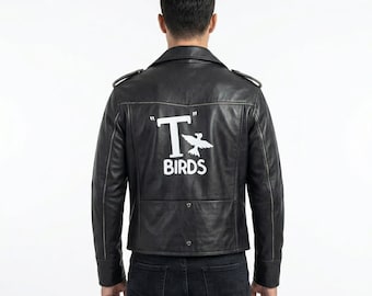 Chaqueta de cuero negra T Birds para hombre / Disfraz de Grease de los años 50