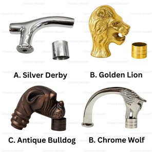 Op de afbeelding: Vier decoratieve wandelstokhandvatten worden getoond tegen een witte achtergrond. Ze omvatten een zilveren derby, een gouden leeuw, een antieke bulldog en een chromen wolf. De tekst "A. Silver Derby", "B. Golden Lion", "C. Antique Bulldog" en "B. Chrome Wolf" staat eronder.
