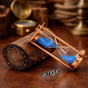 1-minute Sand Timer Copper Finish Blue Sand Leather Case - Desk Decorative Hourglass Antique Style