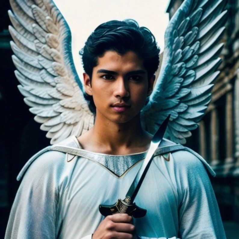May include: A young person with dark hair and a serious expression is wearing a white robe with a silver trim and large white wings. They are holding a silver dagger in their right hand.