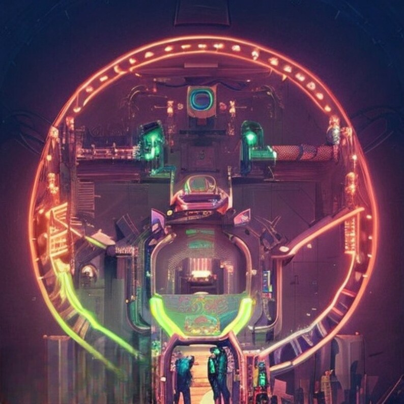 May include: A futuristic, neon-lit, circular structure with a glowing green and red border. Two figures stand in front of the structure, which appears to be a doorway or entrance.