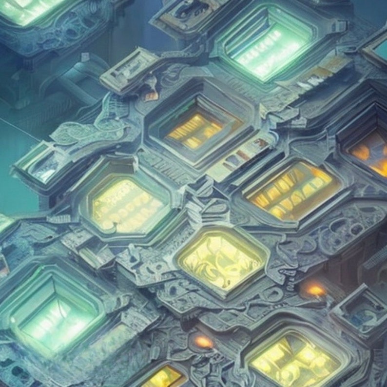 May include: A detailed, intricate, and textured, grey, blue, and yellow, futuristic, architectural structure with many windows.