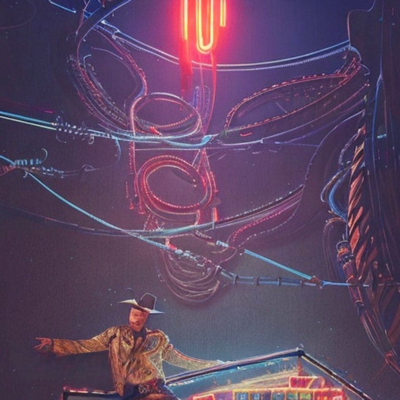 May include: A man wearing a cowboy hat and a patterned shirt stands on a stage with neon lights in the background. The stage is decorated with a neon sign that says "101".