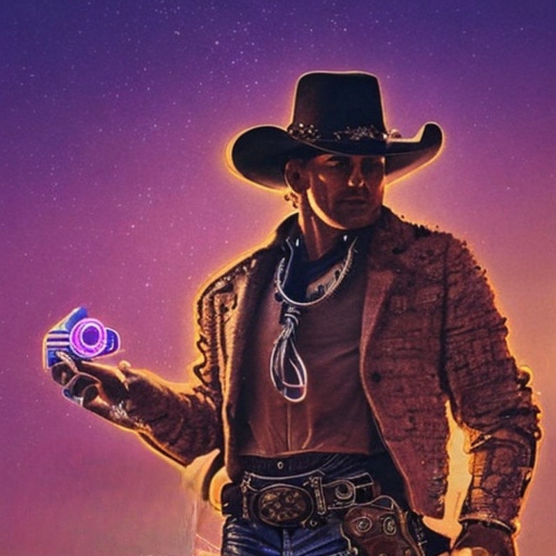 May include: A man wearing a brown leather jacket and a cowboy hat holds a futuristic-looking device with a purple light. The background is a purple and pink gradient.