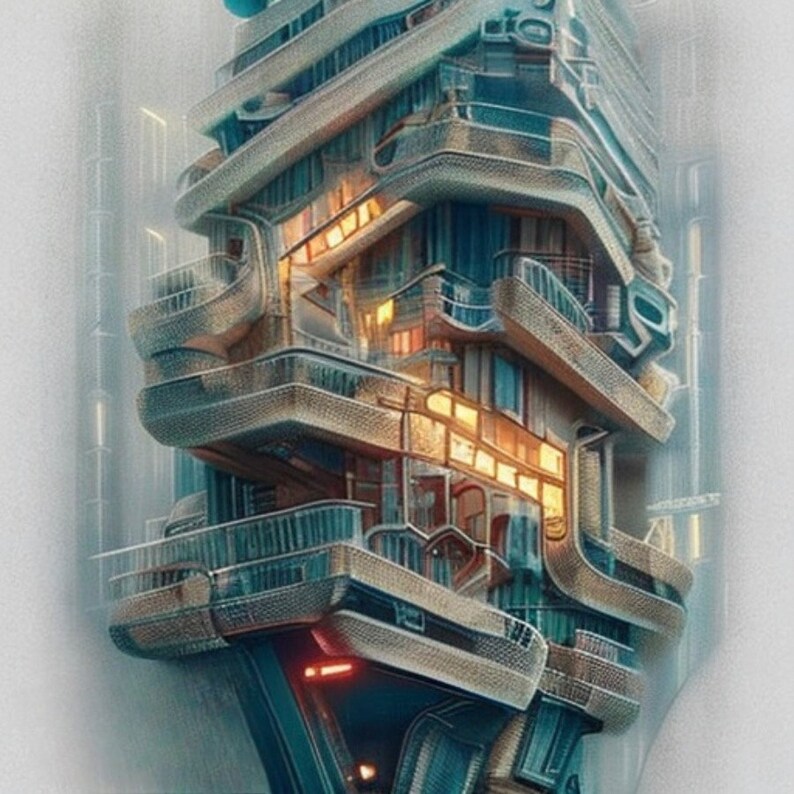 May include: A futuristic, multi-level building with balconies and windows. The building is made of a combination of metal and glass, and it has a unique, organic shape.