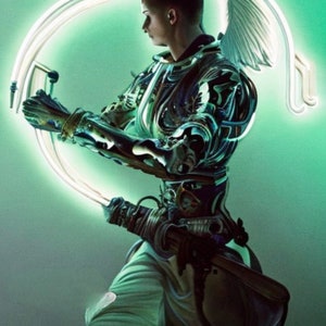 May include: A futuristic figure in silver armour with a glowing green halo and white wings. The figure is holding a weapon and has a determined expression.