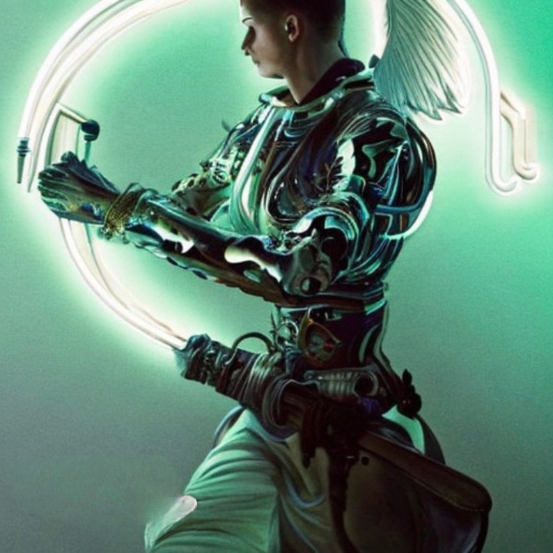 May include: A futuristic figure in silver armour with a glowing green halo and white wings. The figure is holding a weapon and has a determined expression.