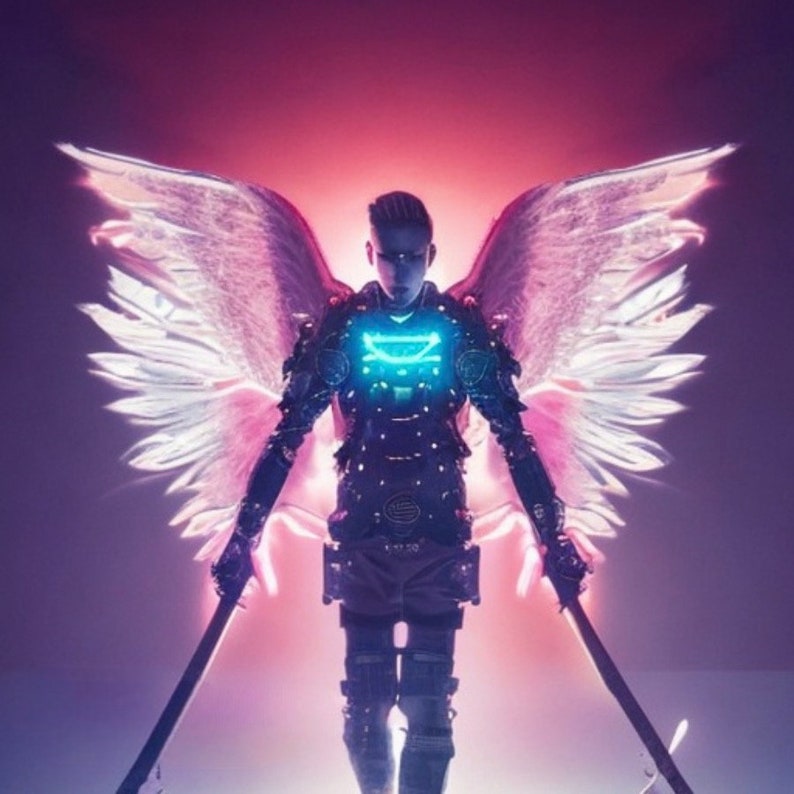 May include: A person with white feathered wings and a glowing blue chest piece stands in front of a pink and purple background. They are wearing a black and silver suit of armour and holding two swords.