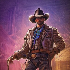 May include: A cowboy wearing a brown leather jacket with a colourful patterned shirt and a brown cowboy hat. He is holding a whip in his left hand and has a belt with a large buckle around his waist.