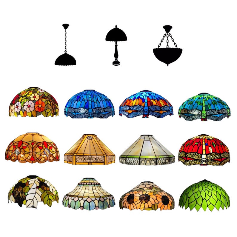 May include: A collection of stained glass lamp shades in various colors and designs, including floral, dragonfly, and geometric patterns. Silhouettes of three lamp styles are shown above the shades.