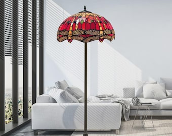 Red Tiffany-Style Floor Lamp – Handcrafted Stained Glass Vintage Bedroom Lighting