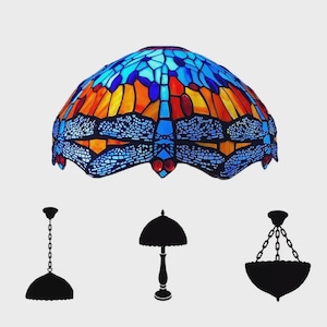 May include: A stained glass lampshade with a dragonfly design in shades of blue, orange, and red. The lampshade is dome-shaped and features intricate details. Silhouettes of different lamp styles are below.