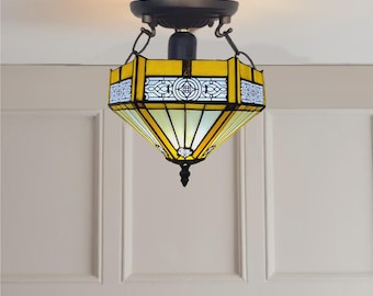 Tiffany Style Yellow Hexagon Ceiling Lamp 10" Stained Glass Shade Antique Design