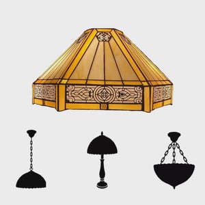 May include: A stained glass lampshade with a geometric design in shades of yellow and brown. The lampshade is trapezoidal and features intricate patterns. Silhouettes of different lamp styles are below.