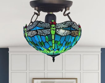 Tiffany-Style Ceiling Lamp – 16-Inch Green Dragonfly Stained Glass Shade, Antique Style
